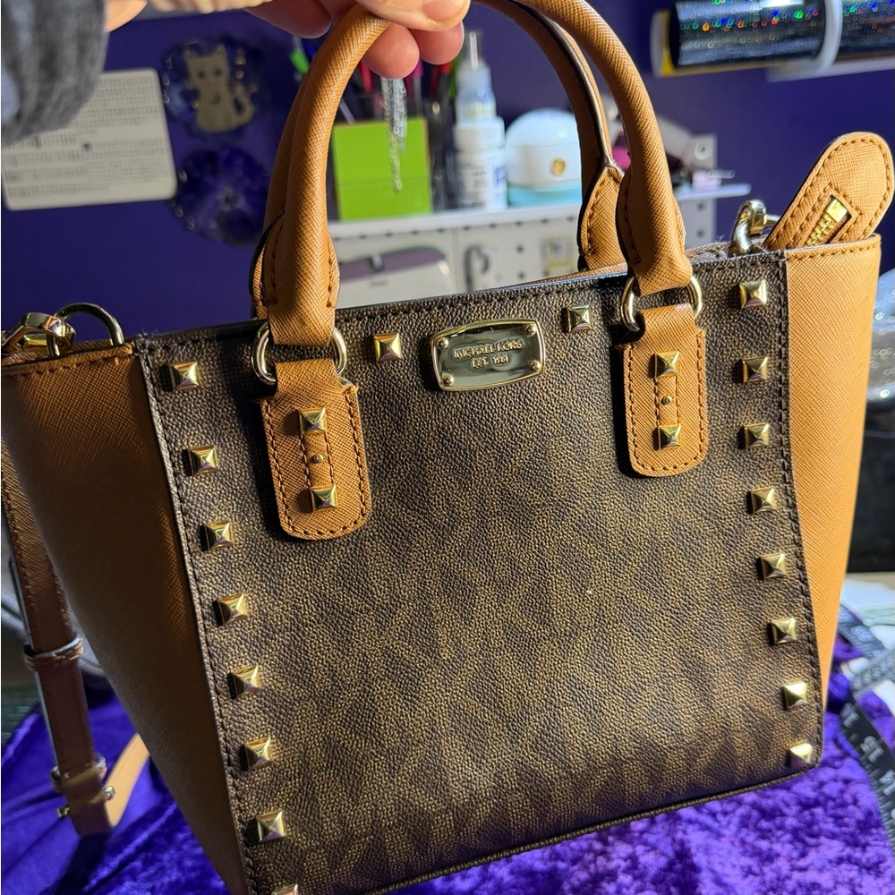 Michael Kors Brown and Tan Studded Satchel